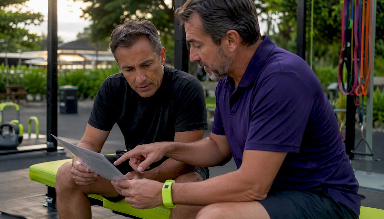 Men discussing strength app categories in gym