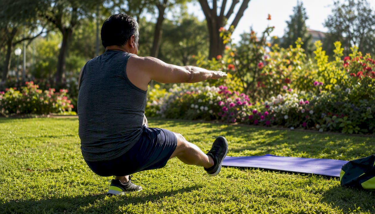 Man doing pistol squat in sunlit park