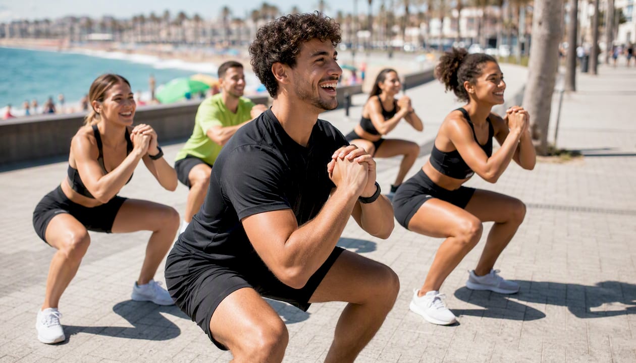 Gen-Z friends exercising together outdoors