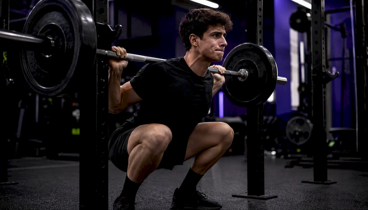 Person performing barbell squat in gym
