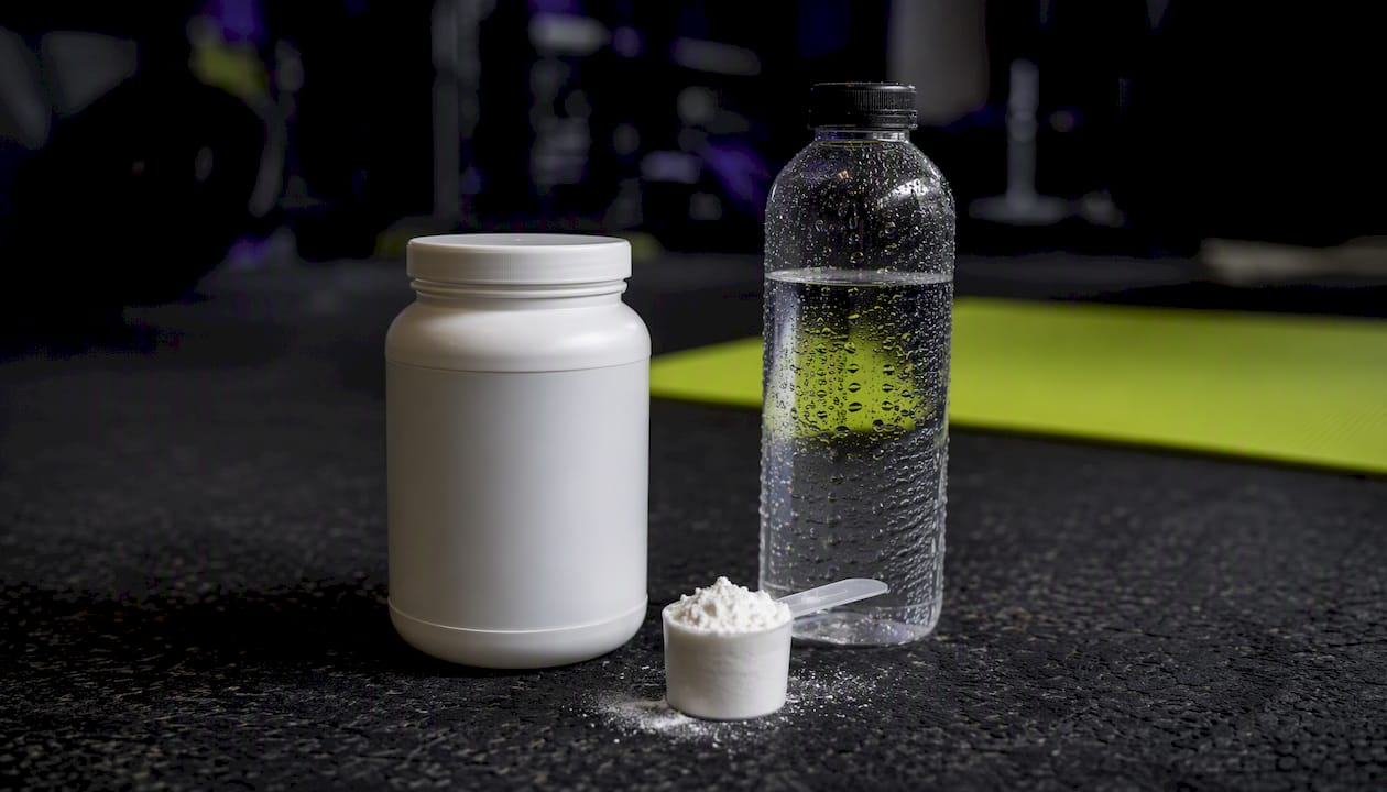 Creatine powder scoop and capsules with water bottle