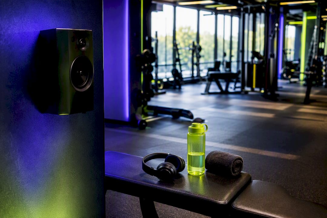 Gym spot with music gear and colorful lighting