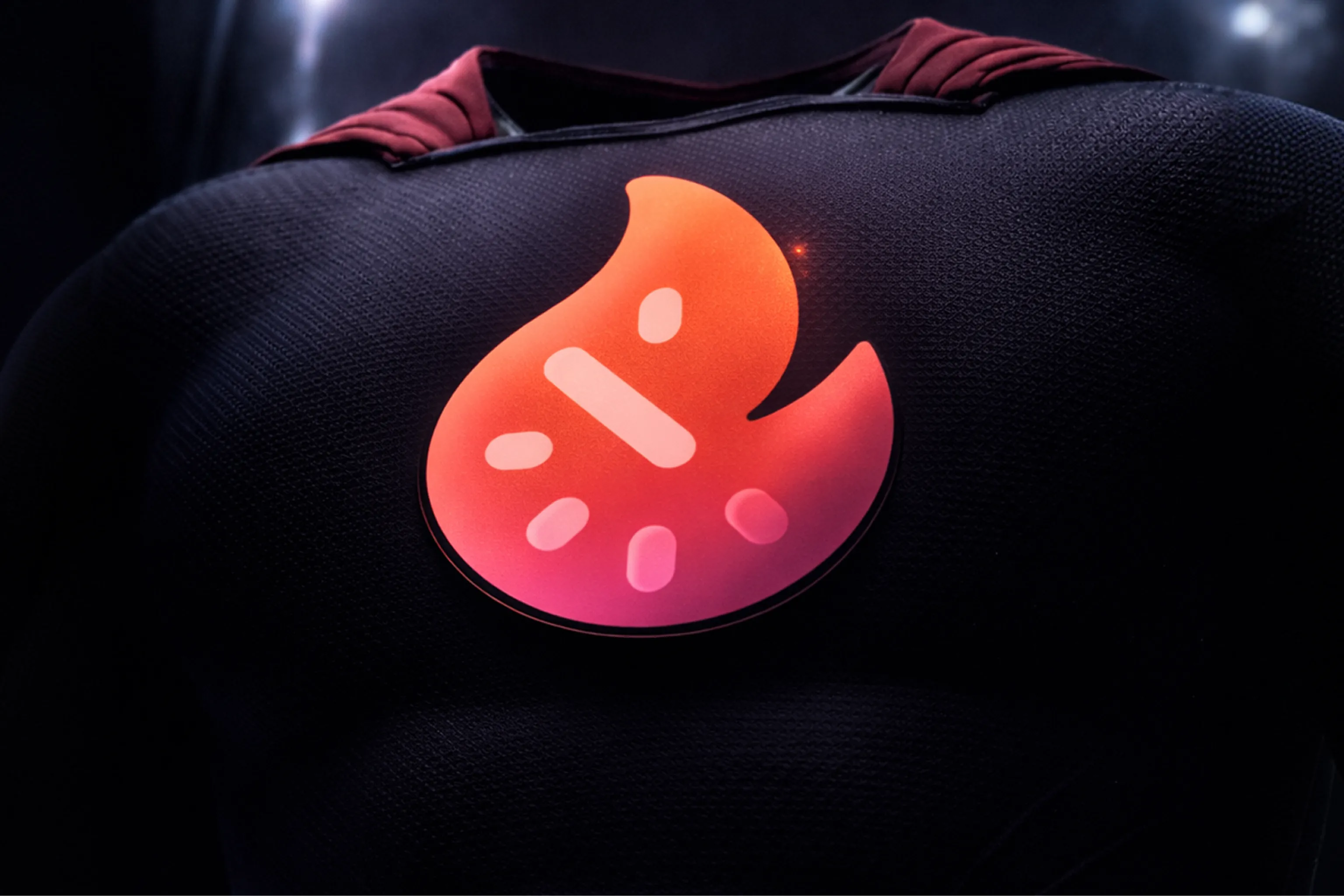 Close-up of a black superhero suit with a glowing red-orange flame emblem, red cape, and dramatic dark lighting creating a powerful mood.