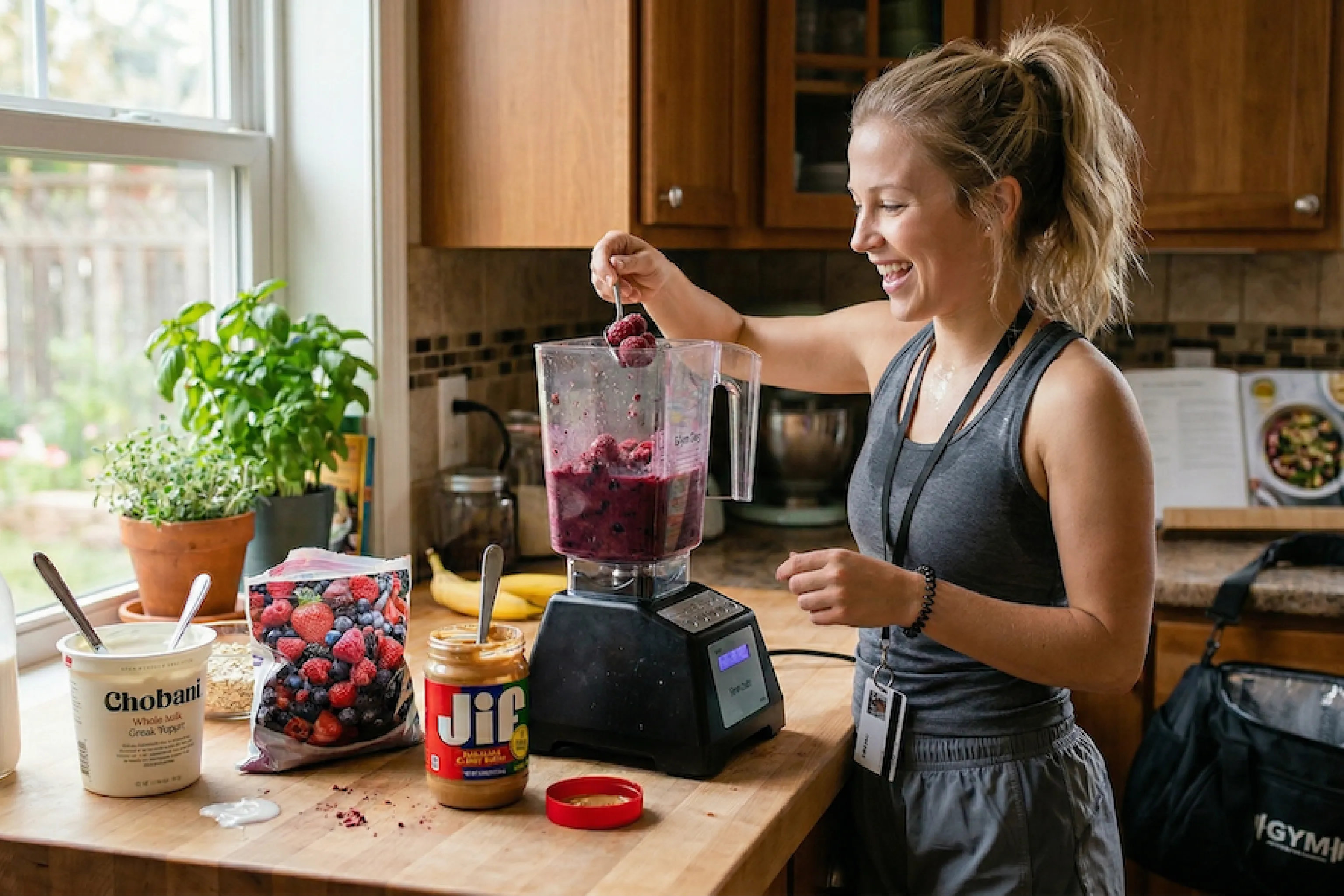 Smiling woman blends berries in a kitchen, adding fruit to a blender beside yogurt, berry bowls, and juice on a bright counter.