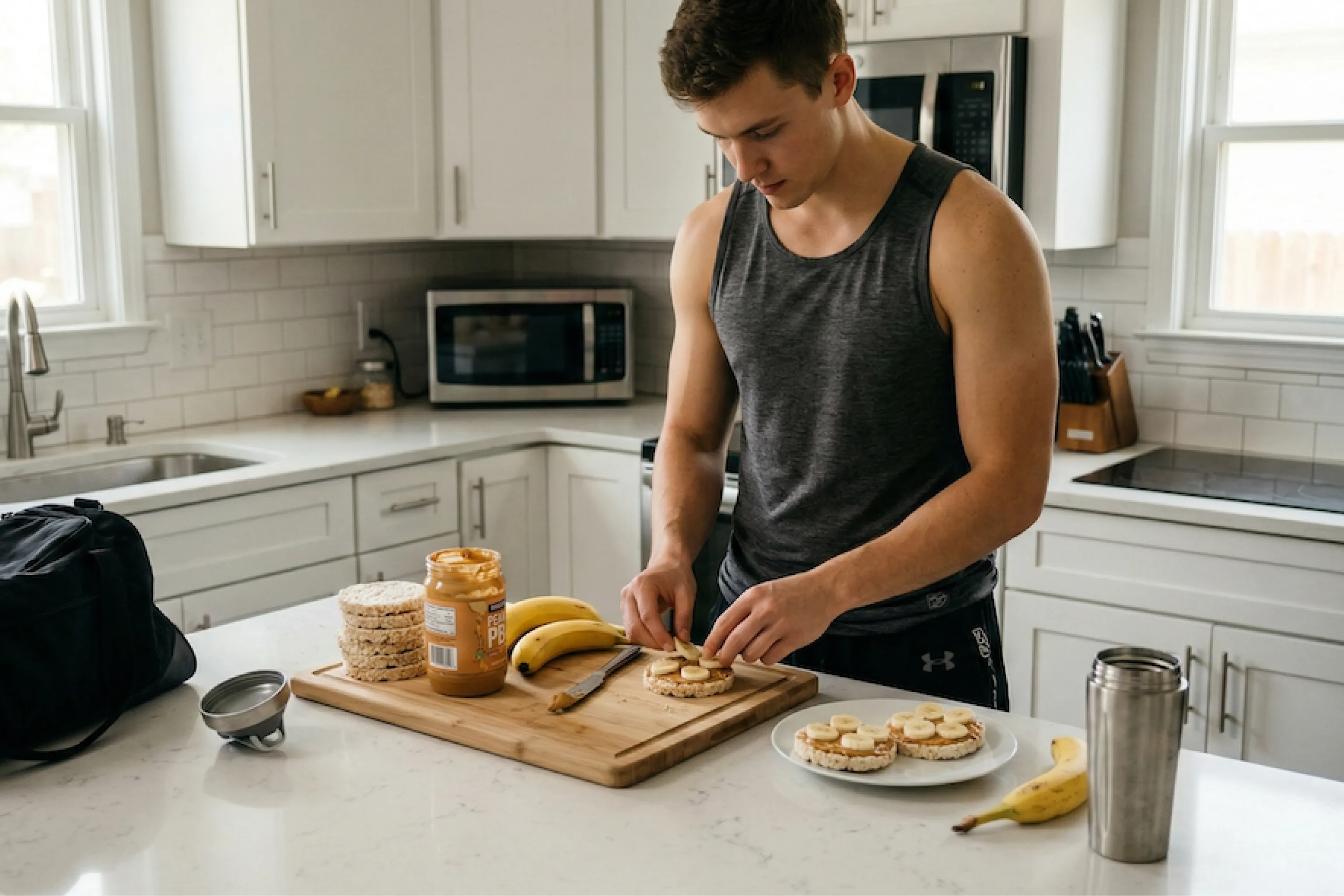 Focused young man in a bright kitchen prepares banana-and-peanut-butter toast, with sliced pieces, fruit, and ingredients nearby.