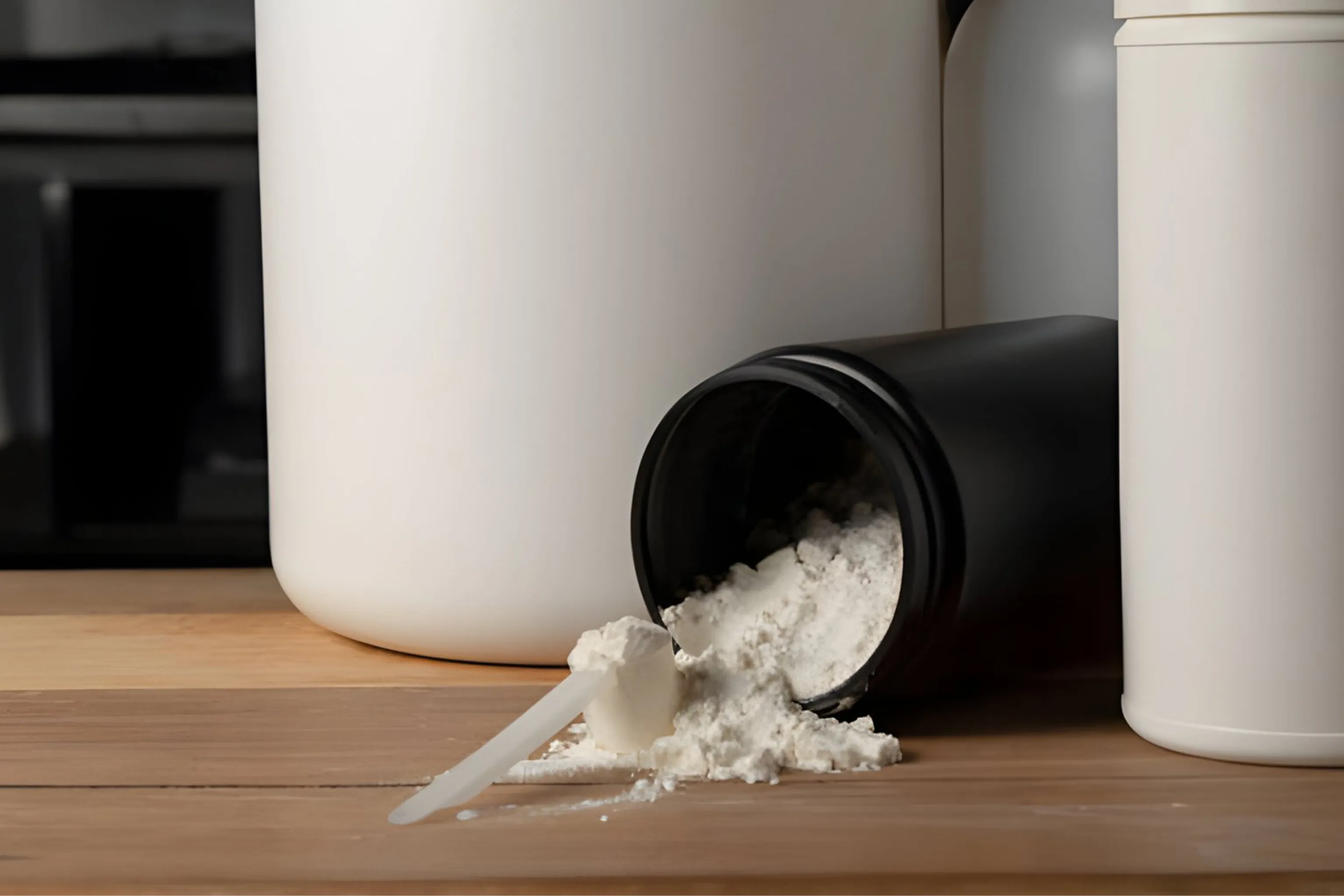 Spilled creatine powder pours from a tipped black supplement container onto a wooden counter, surrounded by white bottles and a scoop.
