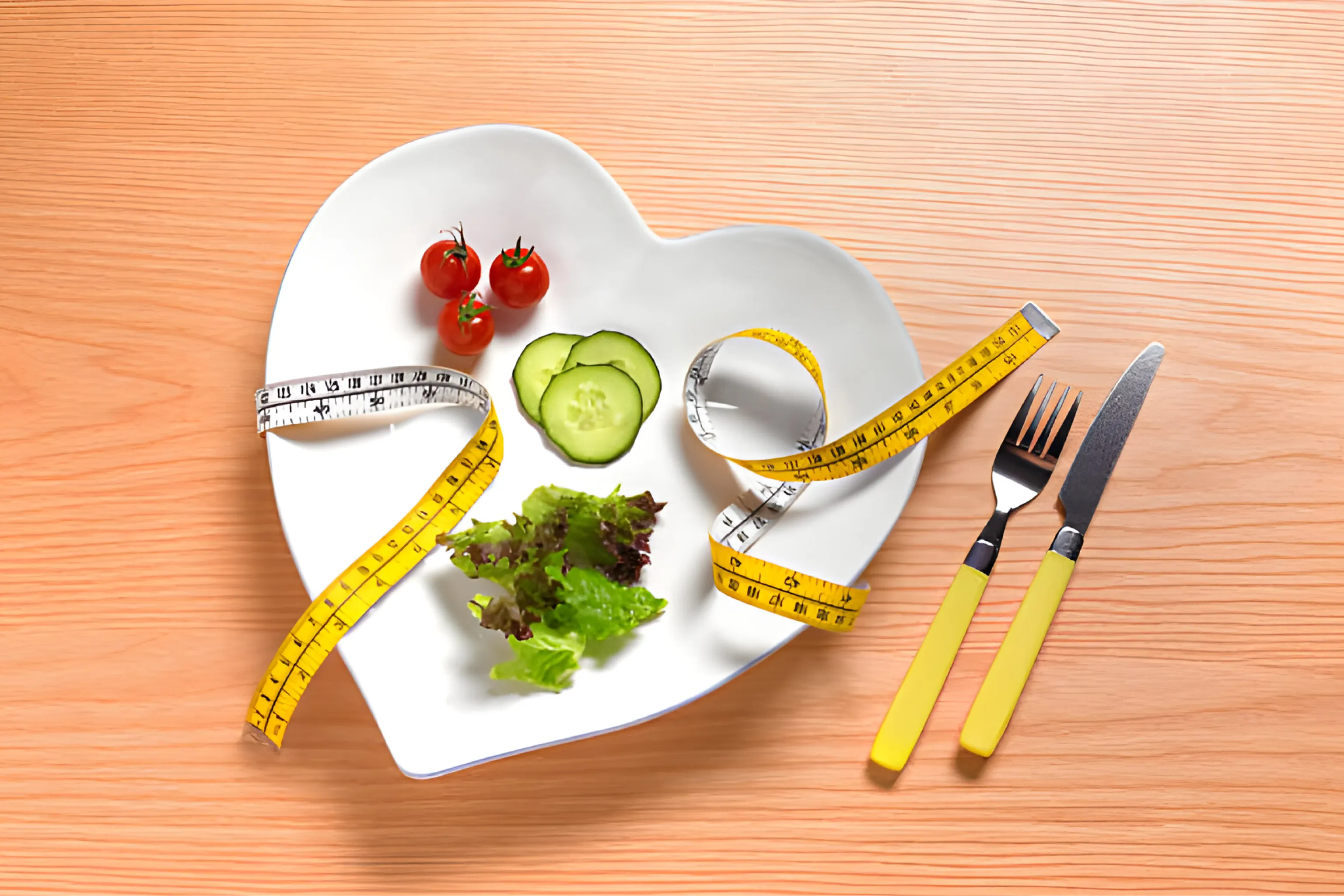 Heart-shaped white plate with salad, cherry tomatoes, cucumber, measuring tapes, fork, and knife on a wooden table, evoking healthy eating.