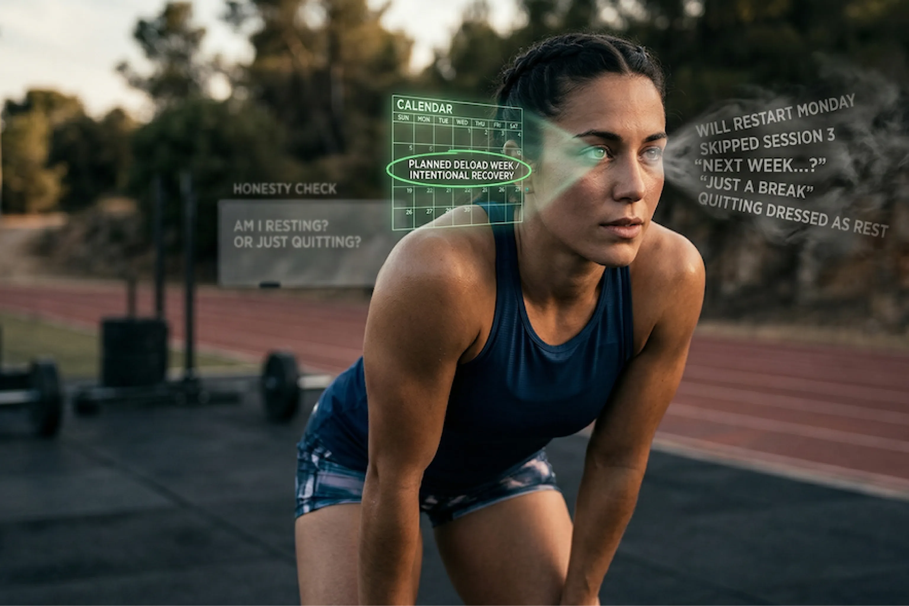 Female athlete pauses on an outdoor track, catching her breath as translucent overlays question her honesty, recovery, and skipped workout.