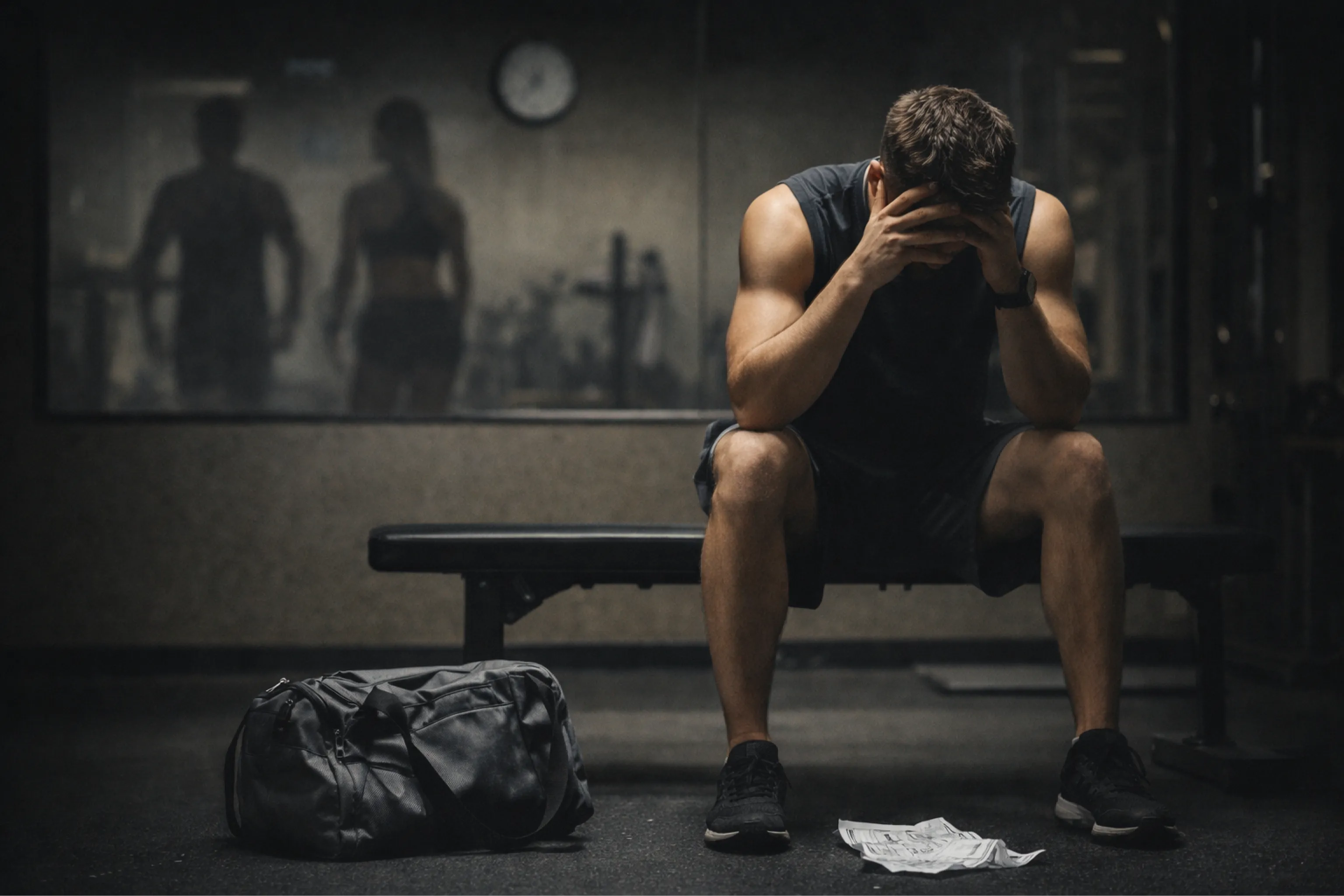 Exhausted man sits on a gym bench with his head in his hands; a duffel bag and towel lie nearby, creating a somber, reflective mood.