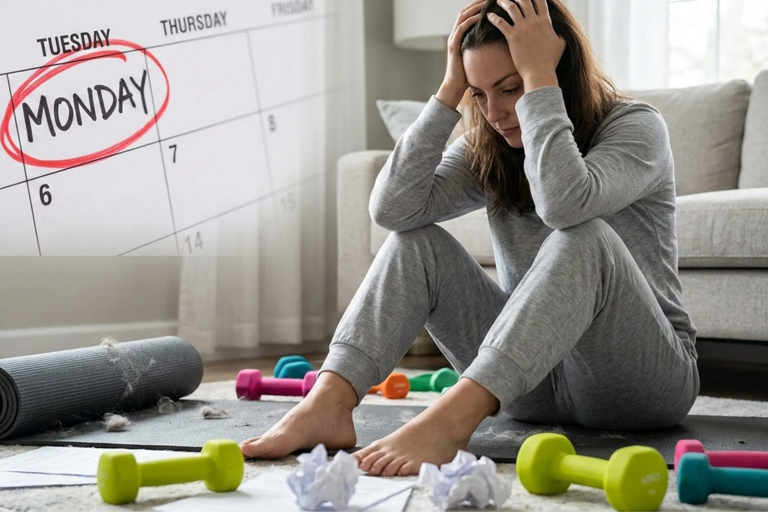 Stressed woman sits on a living-room floor beside dumbbells, crumpled papers, and calendar marked Monday, conveying workout anxiety and overwhelm.