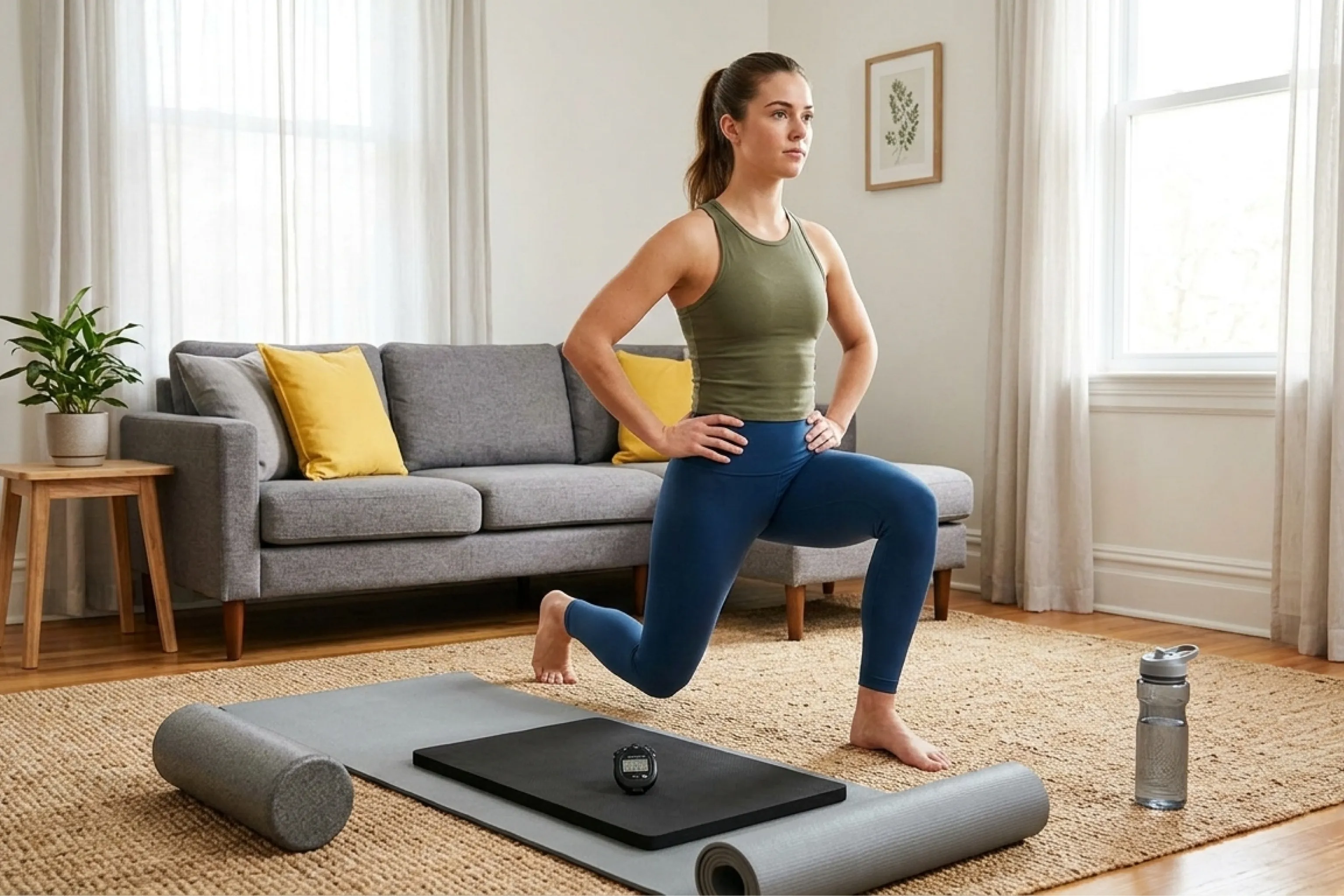 Woman in athletic wear holds a focused lunge beside a yoga mat, foam roller, and water bottle in a bright, cozy living room.