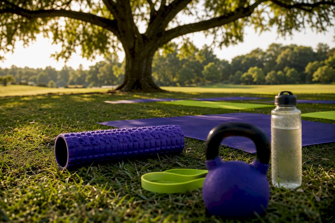 Outdoor fitness setup on sunlit grass: purple yoga mat, foam roller, kettlebell, water bottle, and resistance band beneath a shady tree.