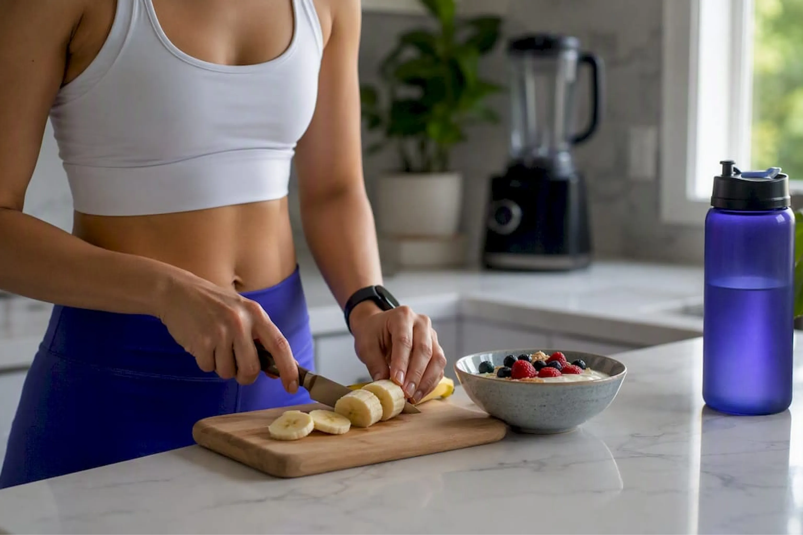 Person in athletic wear slices a banana on a cutting board beside a berry bowl and purple water bottle, preparing a healthy breakfast in a bright kitchen.