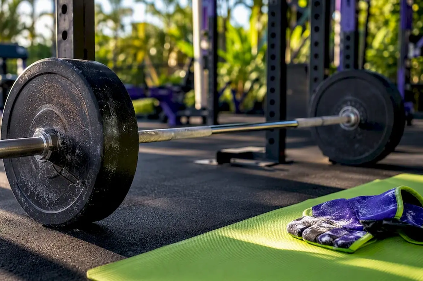 Outdoor gym barbell with large black weight plates rests beside a green mat and purple gloves, creating a sunny, energetic workout setting.