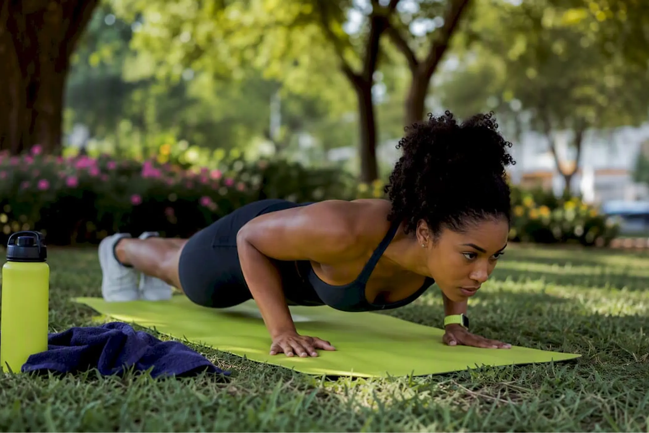 Woman doing a push-up on a green exercise mat in a sunny park, with a water bottle and towel nearby; focused, determined expression.