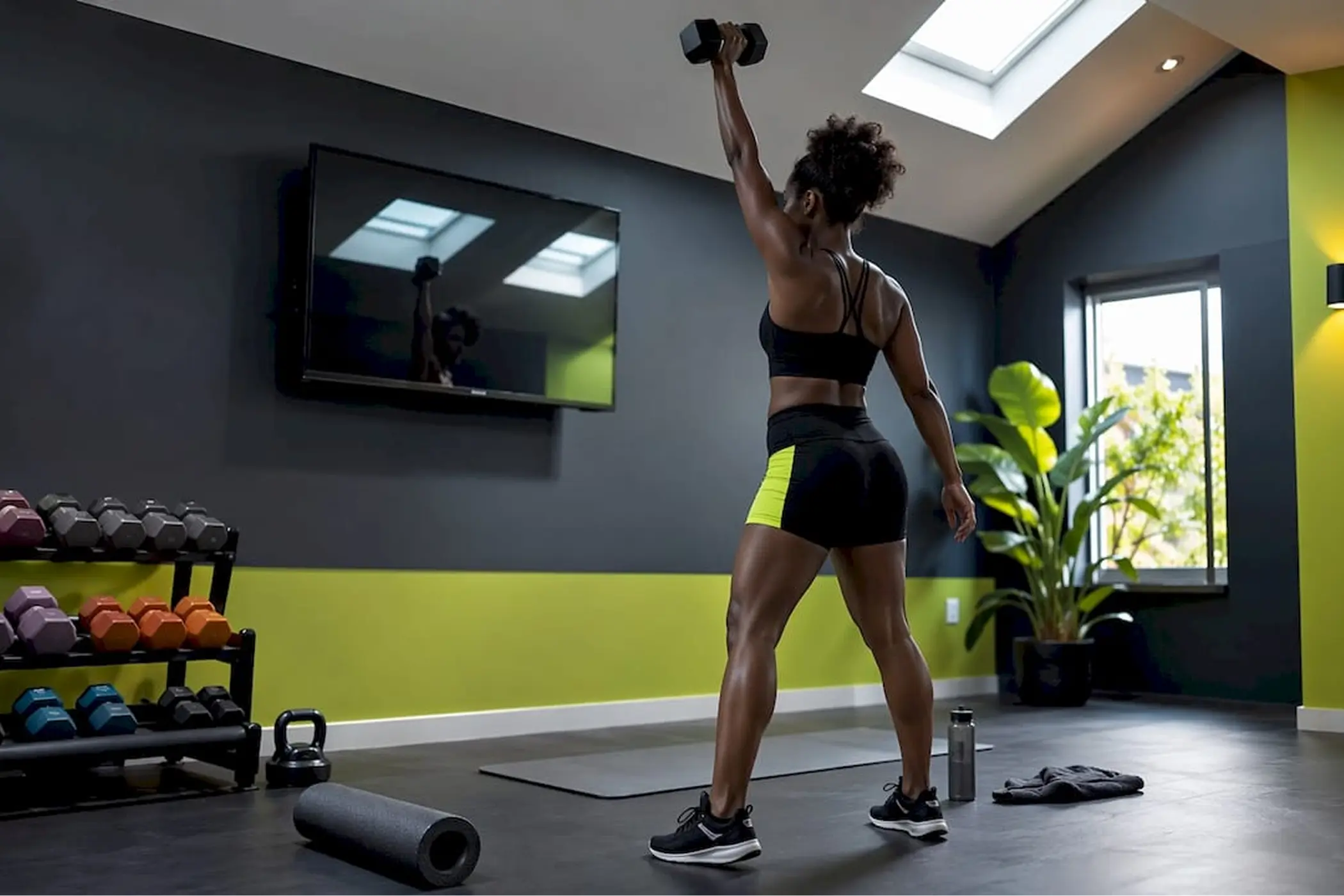 Athletic woman lifting a dumbbell overhead in a modern home gym, surrounded by weights, mat, mirror, skylight, and plants; strong, focused mood.