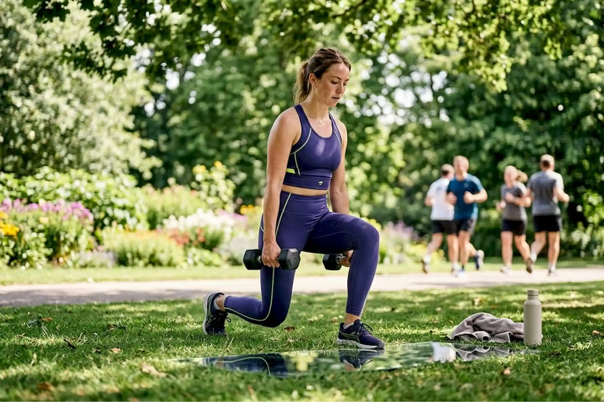 Woman in purple workout clothes performs a dumbbell lunge in a sunny park, with runners, a water bottle, and towel behind her.