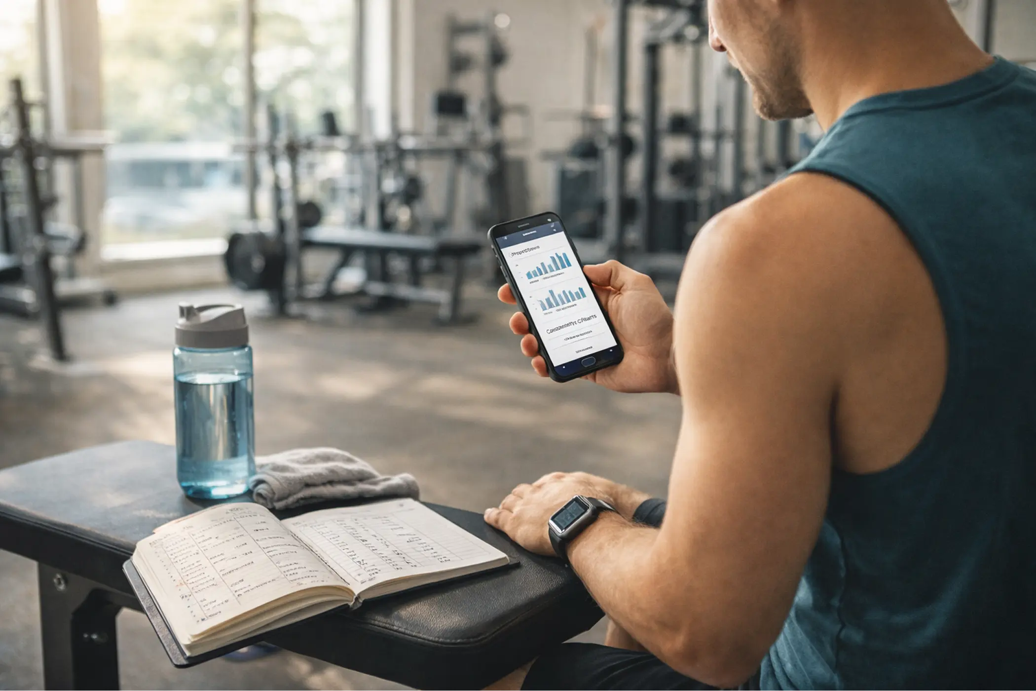 Muscular gym-goer checks a workout app on his phone beside an open fitness journal, water bottle, and towel in a bright gym.