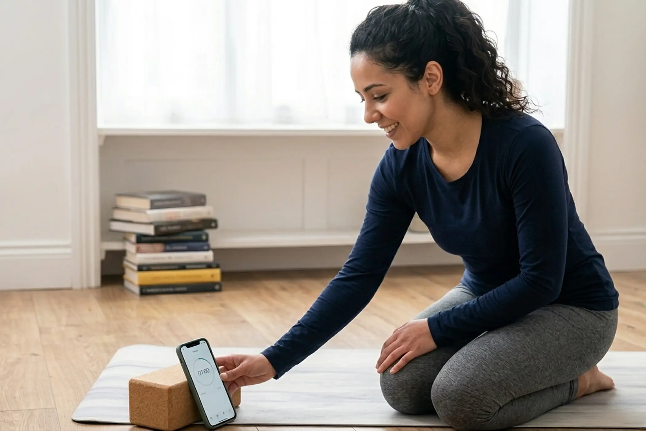 Smiling woman kneels on a yoga mat at home, using a smartphone beside a small cardboard package; stacked books sit in the background.