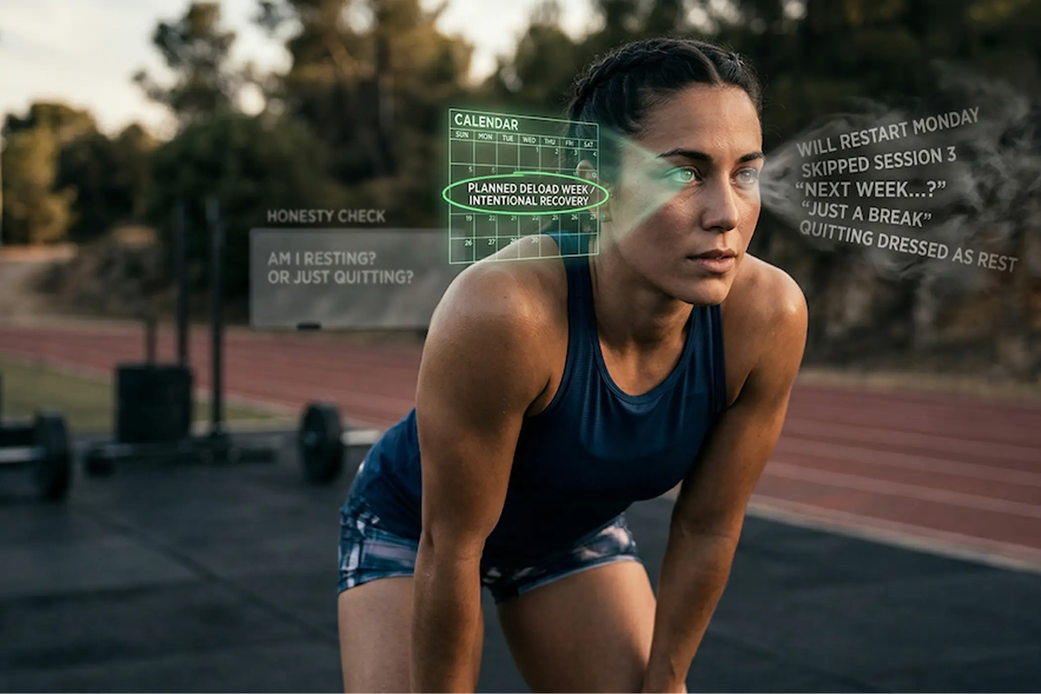 Female athlete pauses on an outdoor track, catching her breath as translucent overlays question her honesty, recovery, and skipped workout.