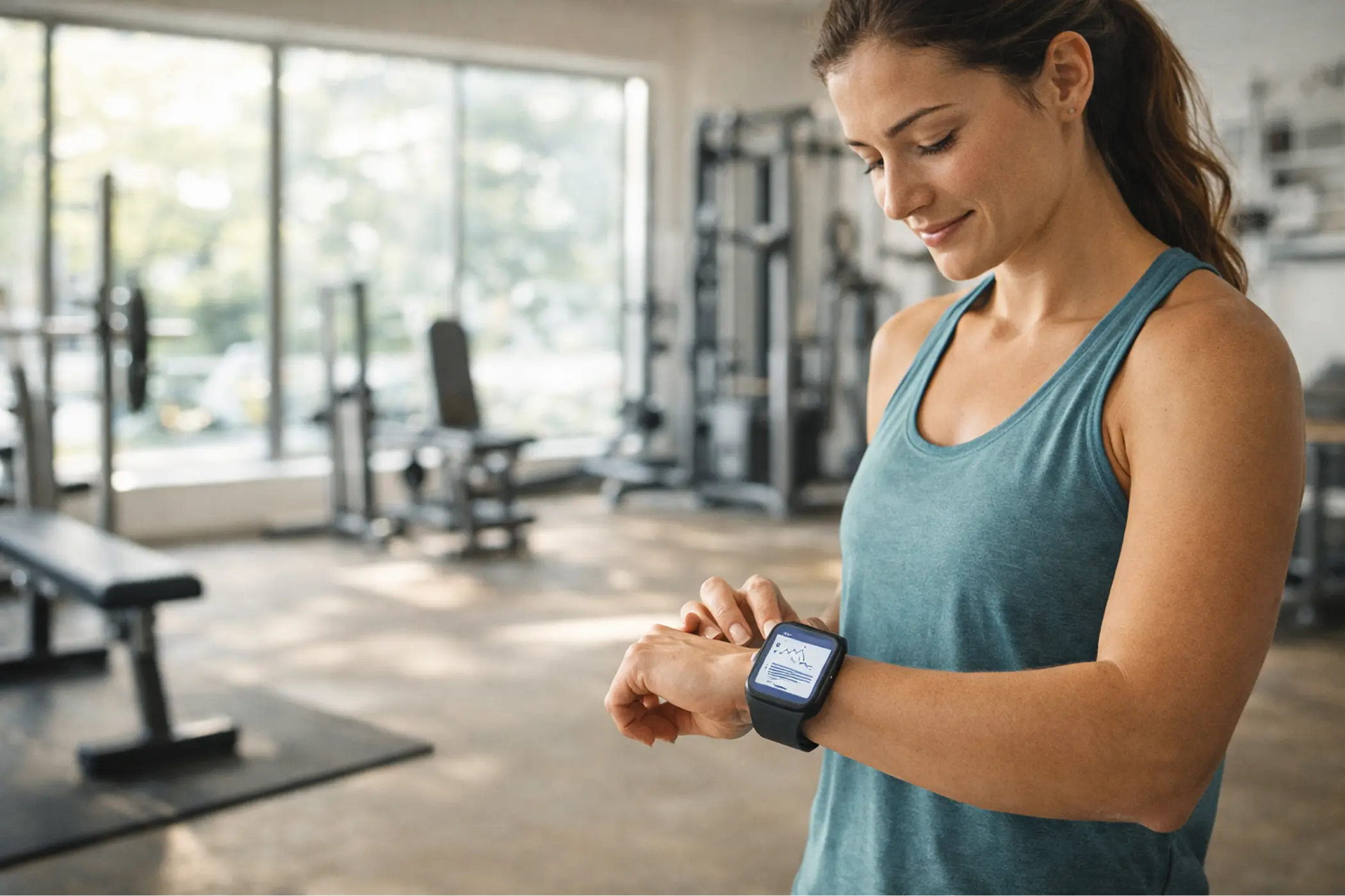 Fit woman in a teal tank top checks her smartwatch in a bright, modern gym, conveying focus and calm during a workout.