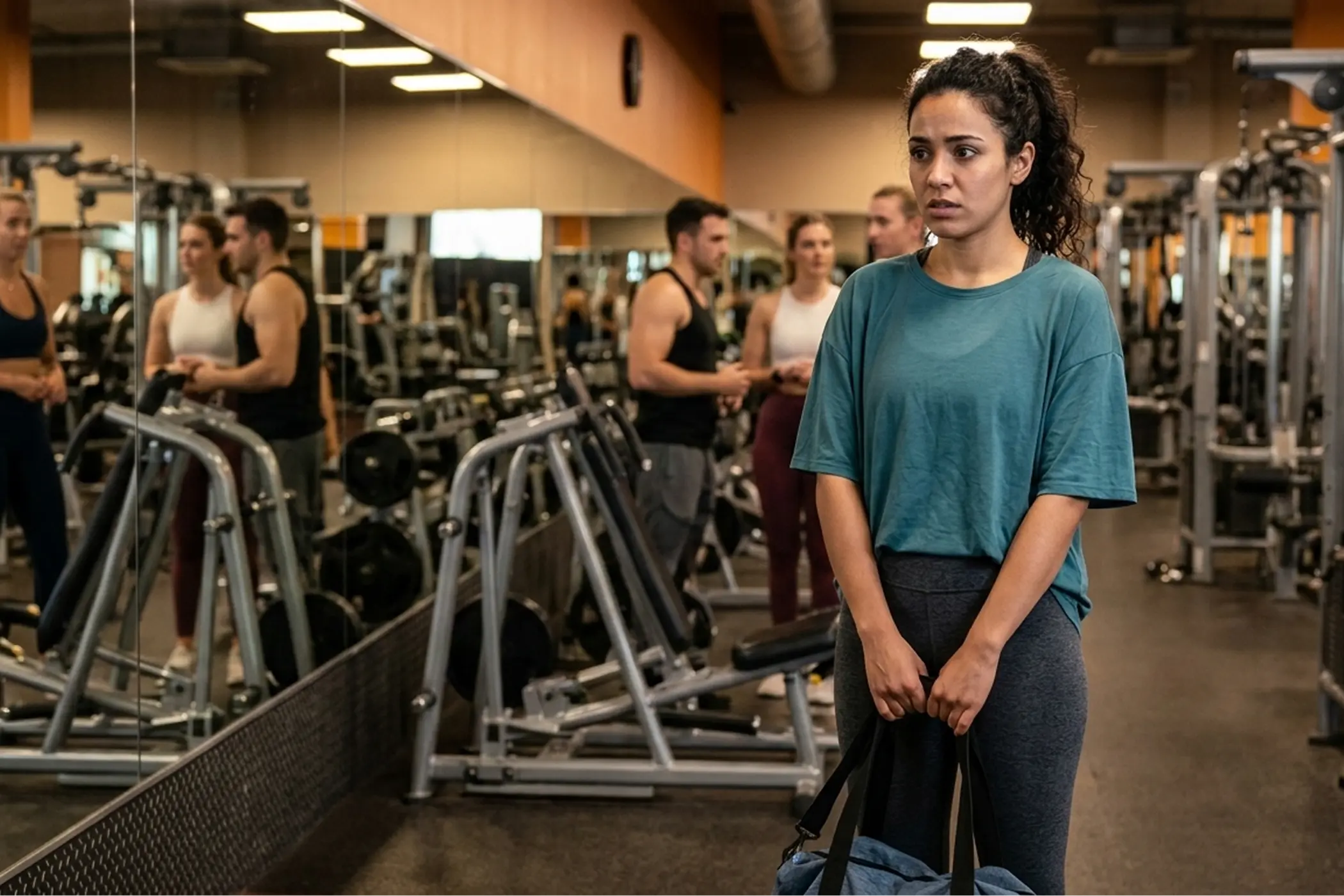 Woman in a teal shirt stands quietly in a busy gym, holding a bag, surrounded by exercise machines and focused gym-goers.