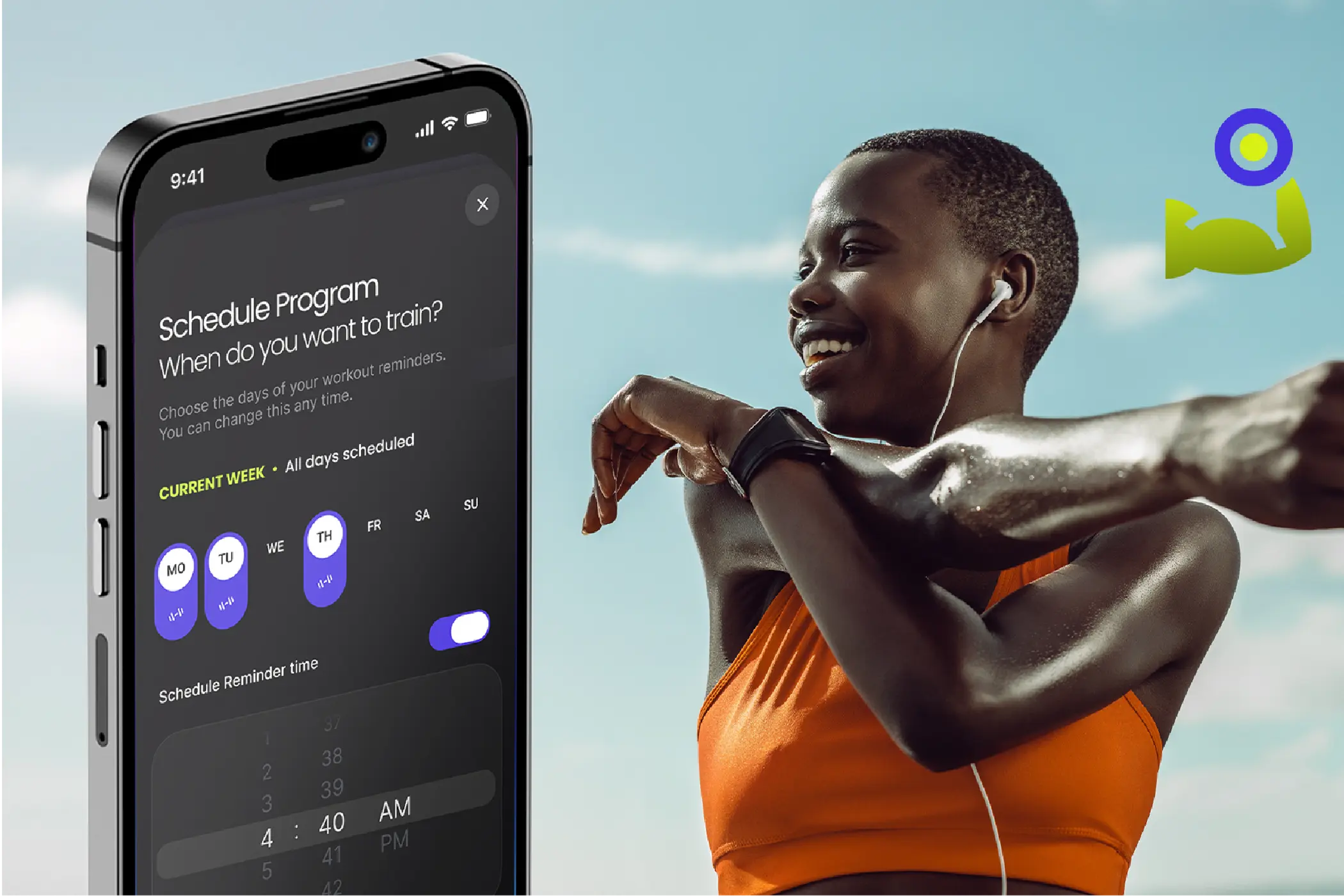 Smiling Black runner in an orange tank top beside a phone showing a workout schedule on the Onemor App, under a bright blue sky; energetic, motivational mood.