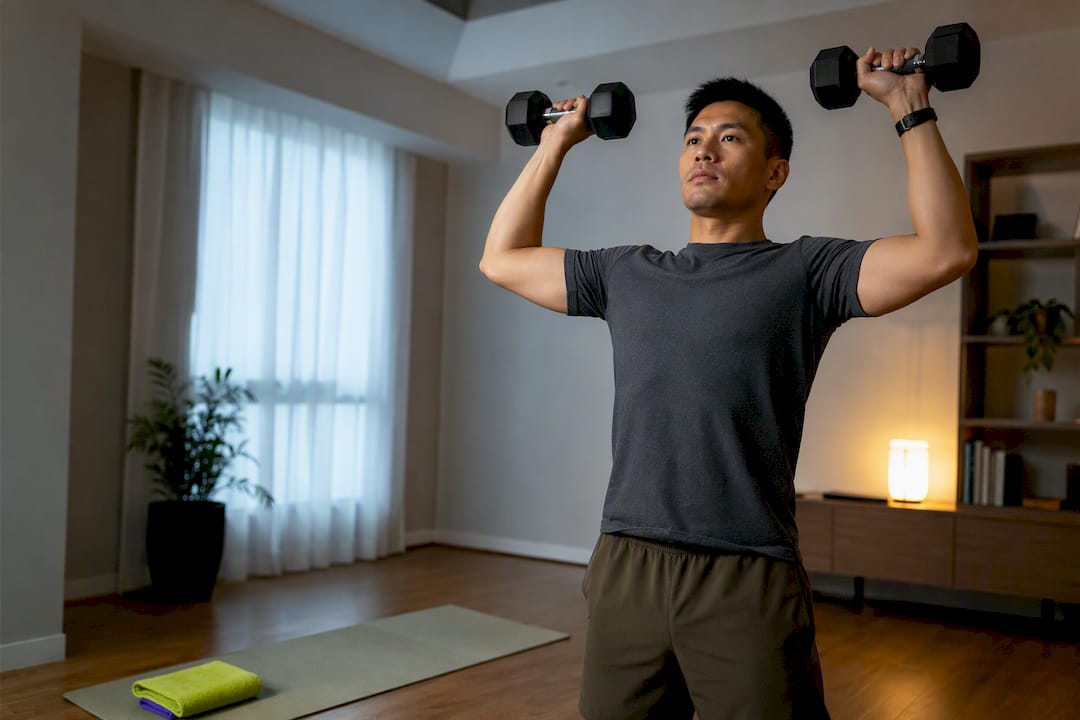 Focused man performs a dumbbell shoulder press in a warmly lit living room, with a yoga mat, plant, and home furnishings nearby.