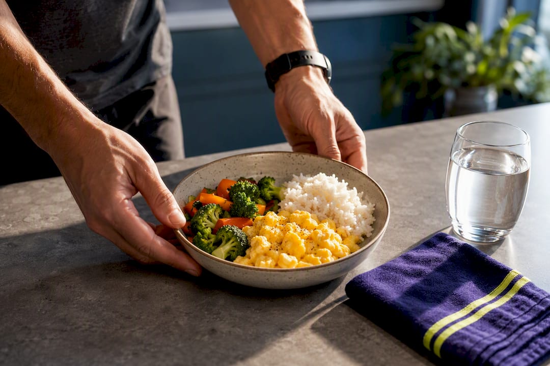 Protein-rich meal with rice vegetables and water
