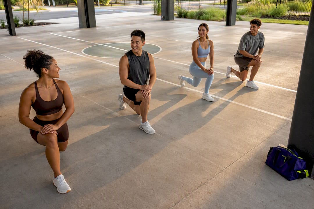 Small training group completing synchronized lunges