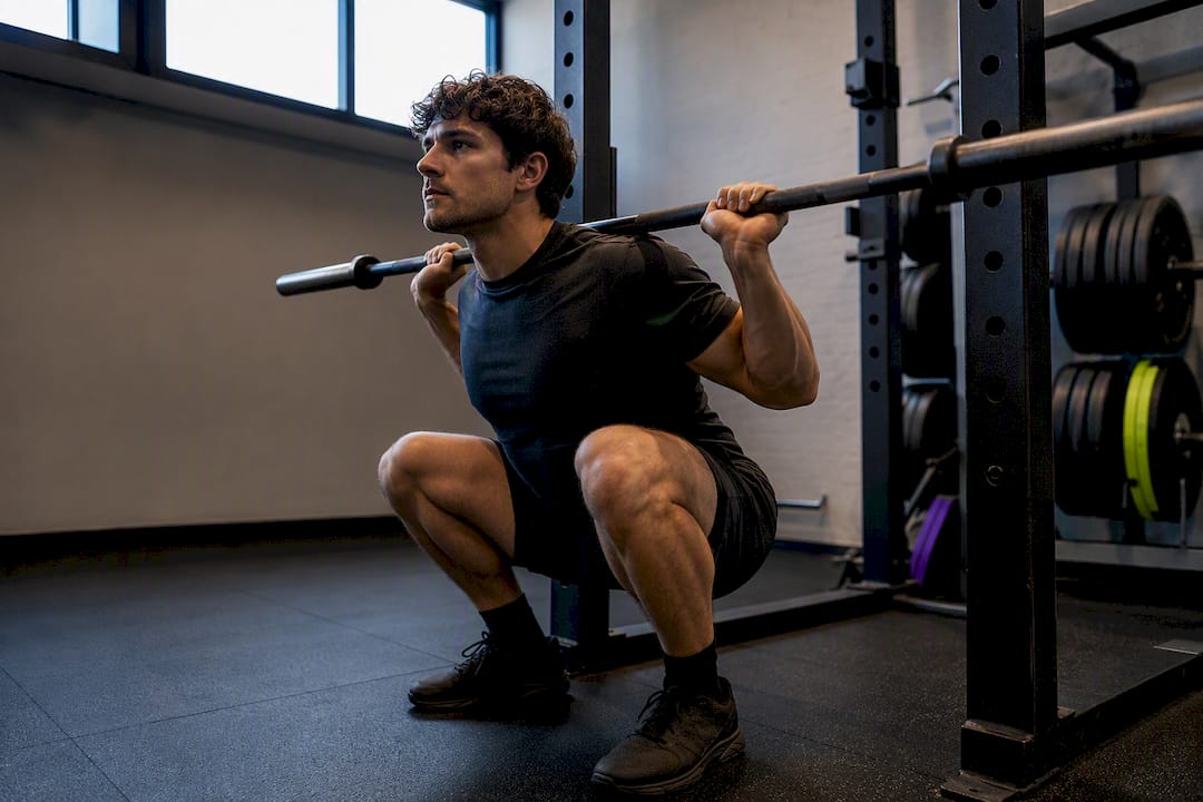 Athlete performing an empty-bar squat warmup