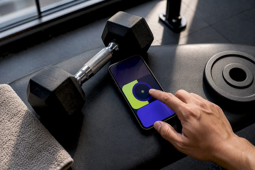 Hand using a rest timer beside dumbbell