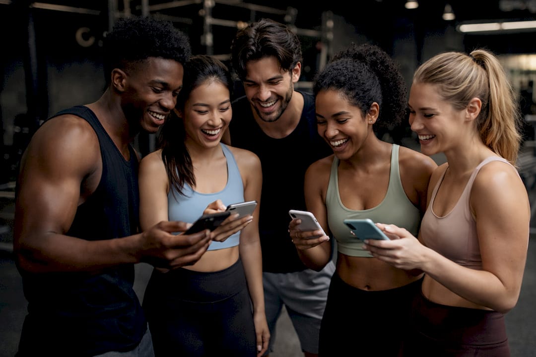 Five diverse friends in workout clothes laugh together while viewing smartphones and a tablet in a dim gym, creating a joyful, social mood.