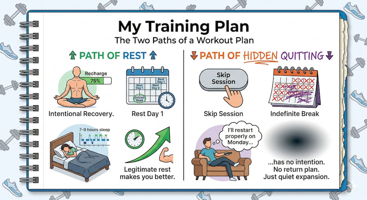 The two paths of a workout plan: path of rest vs path of hidden quitting