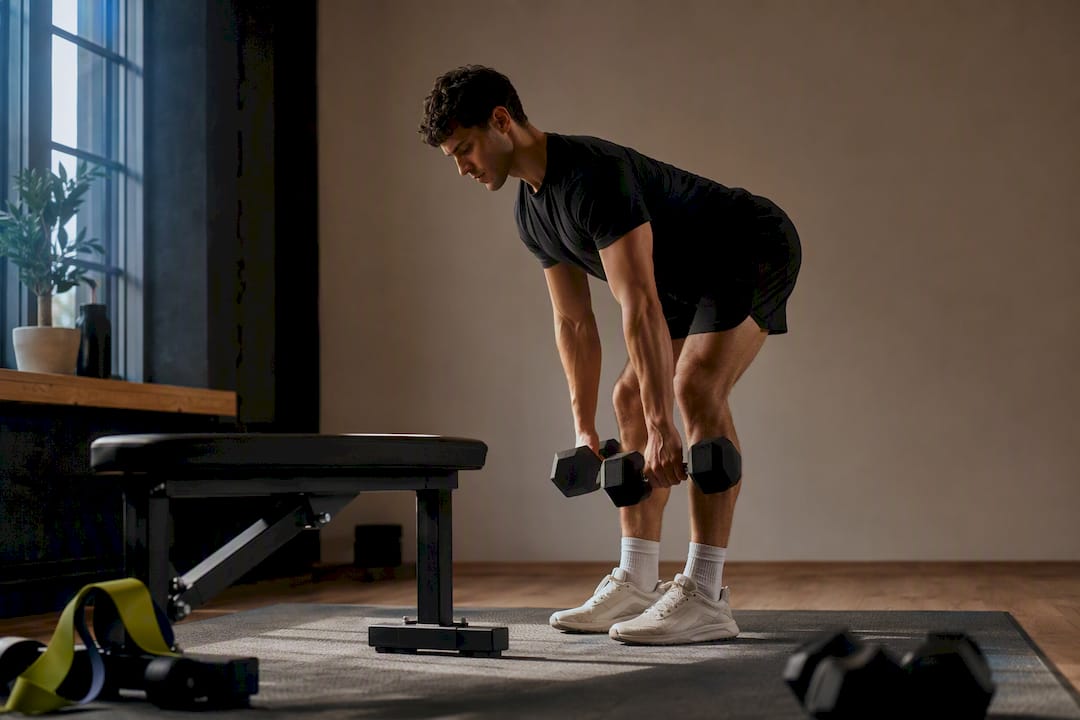 A man in black workout clothes performs a dumbbell deadlift beside a bench in a sunlit home gym, conveying focused strength and training.