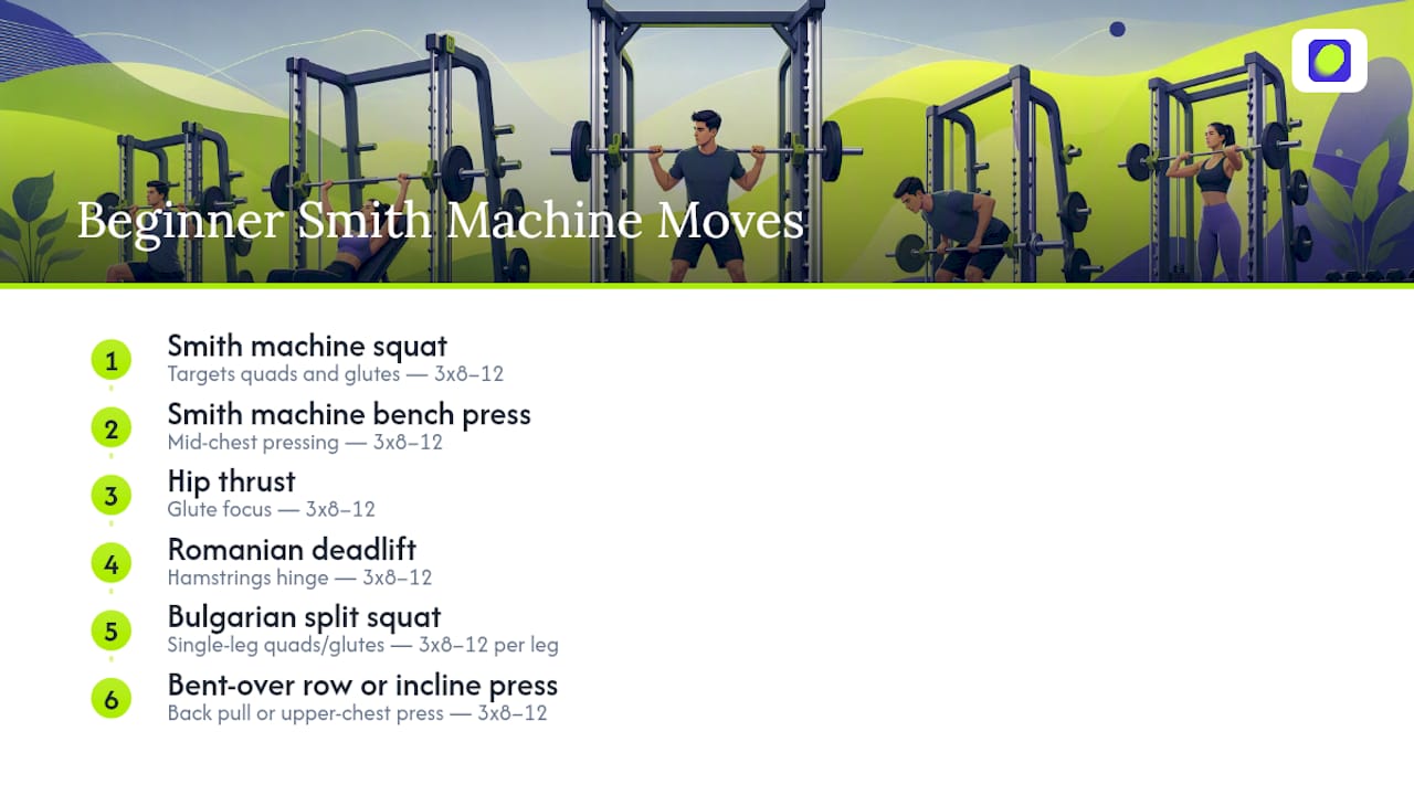 Six beginner Smith machine exercises overview