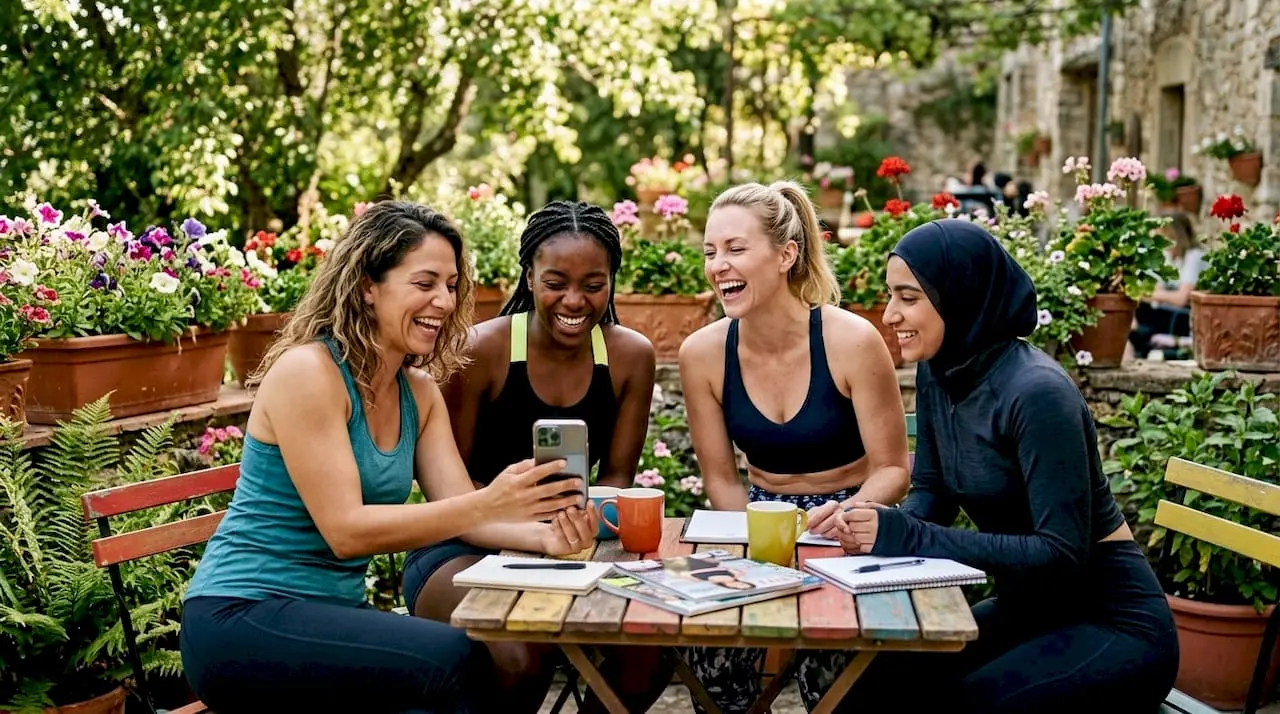 Four diverse women laugh together around a café table in a lush flower-filled garden, sharing a smartphone, drinks, and a joyful moment.