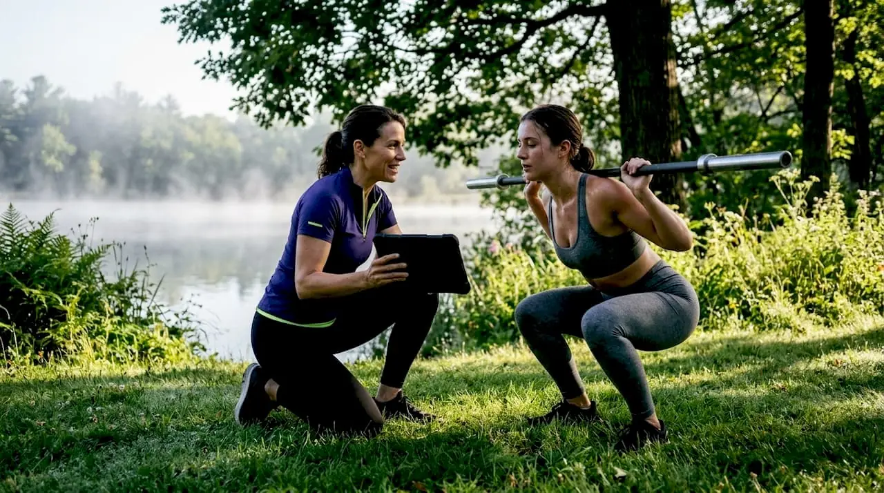 Trainer coaching client outdoors in park