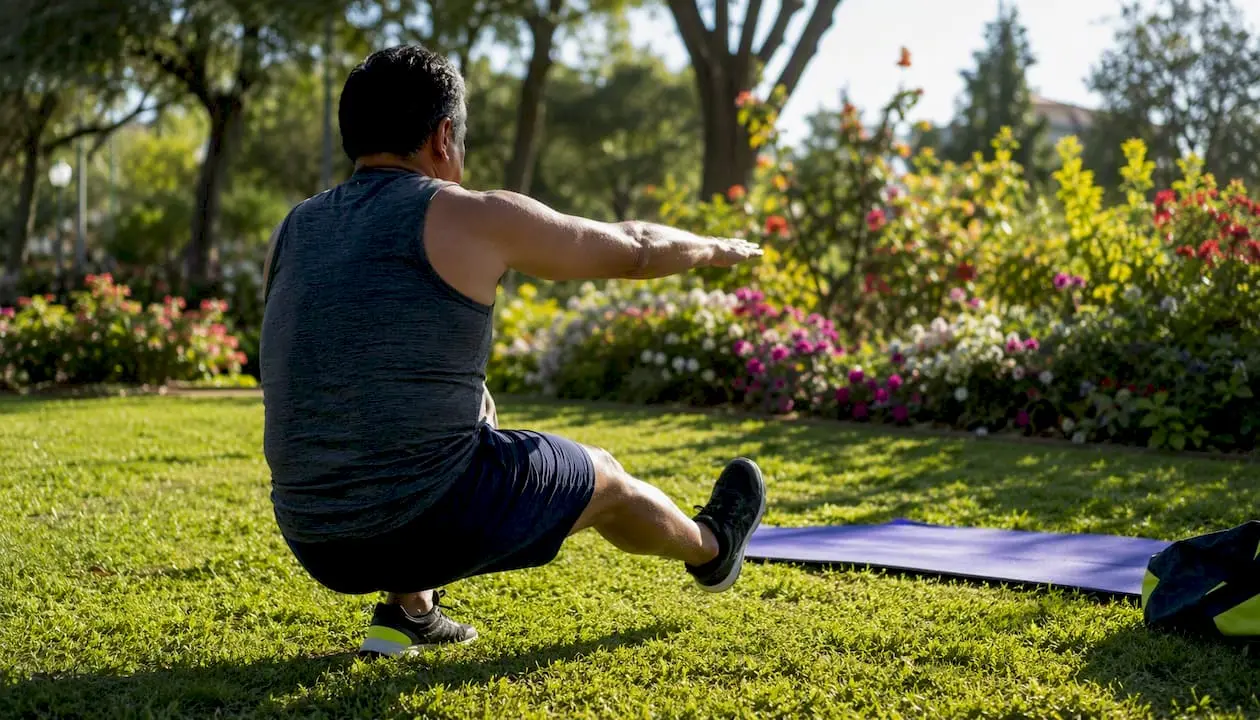 Man doing pistol squat in sunlit park