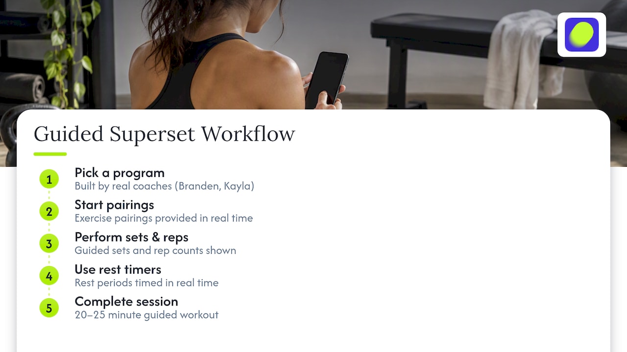 Guided superset workout timing sequence