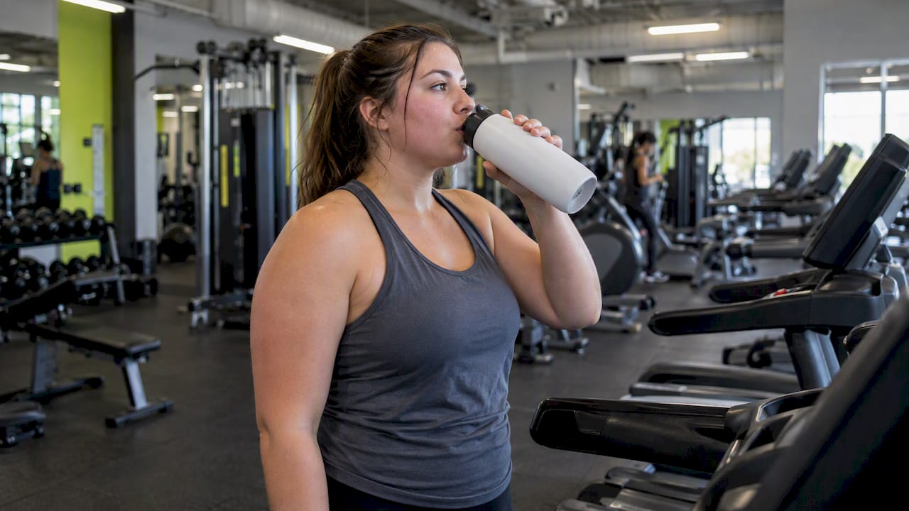 Beginner taking a water break at gym