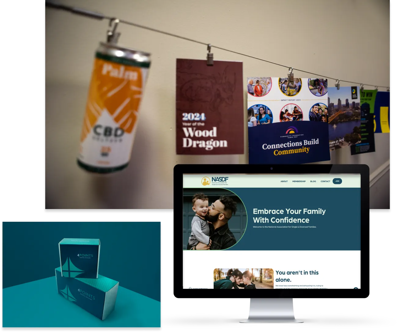 Service Cluster image of NASDF website, 4 Points brand packaging, and a line up of previous PY work hung up