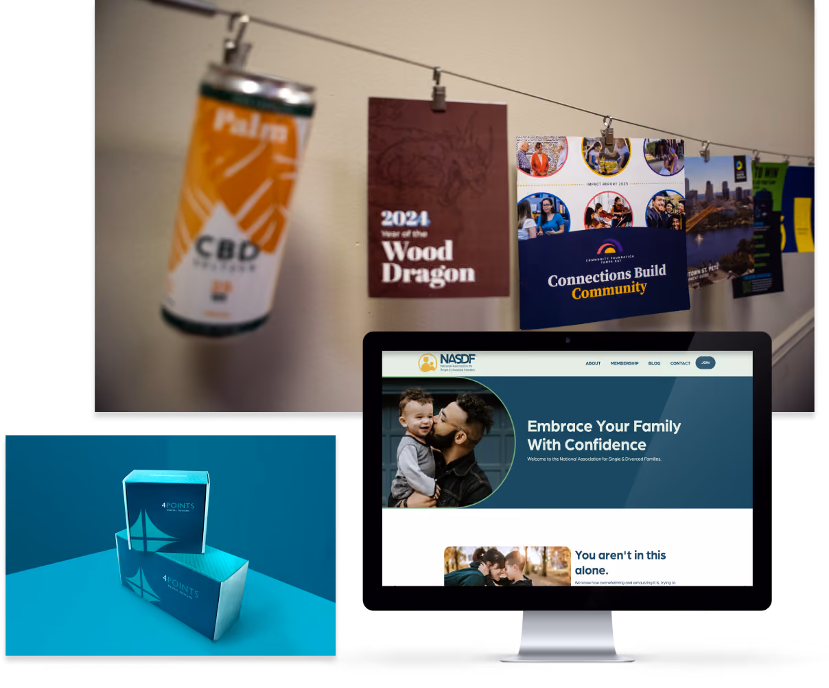 Service Cluster image of NASDF website, 4 Points brand packaging, and a line up of previous PY work hung up