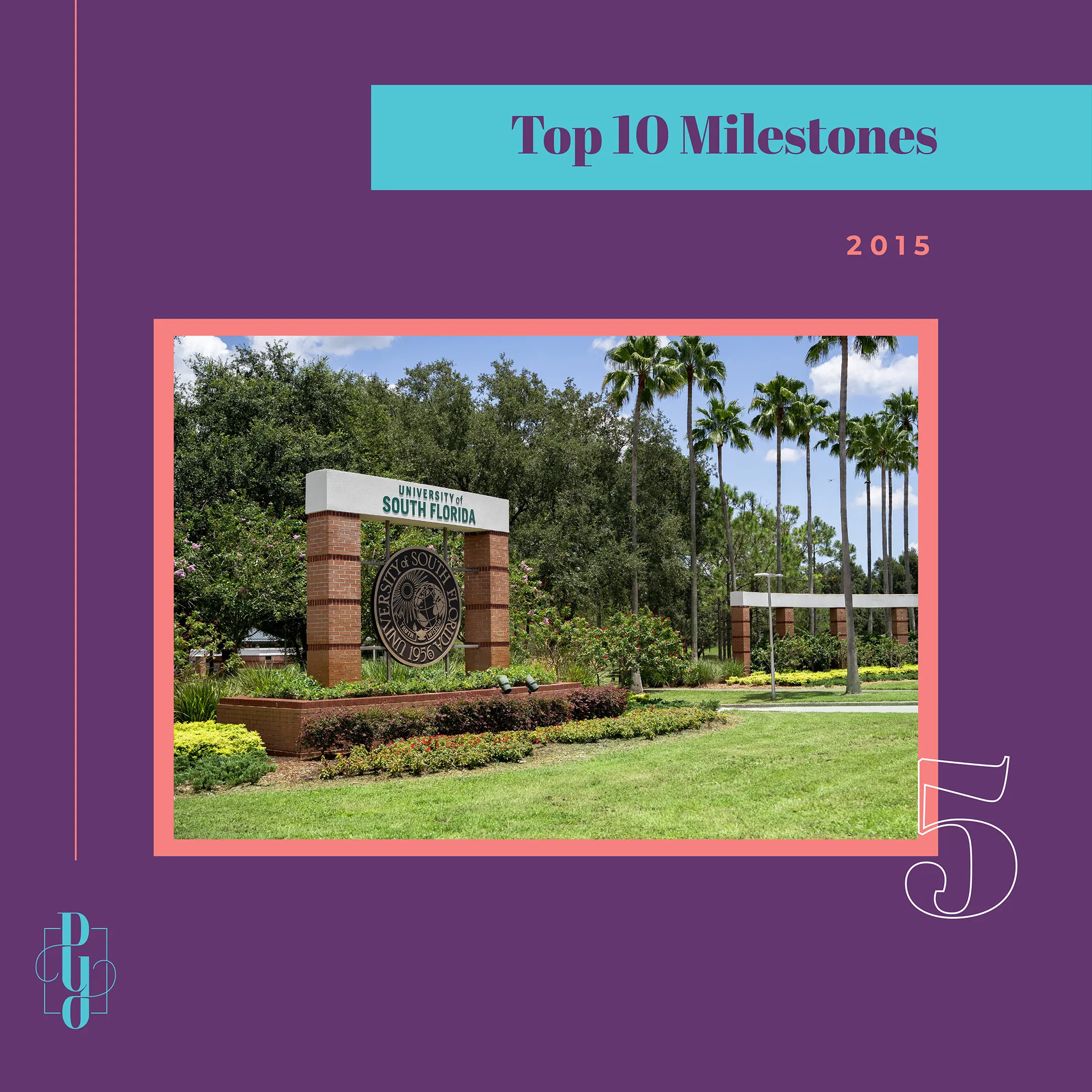 A Pyper branded graphic that says "Top 10 Milestones" with a photo of the entrance to USF Tampa