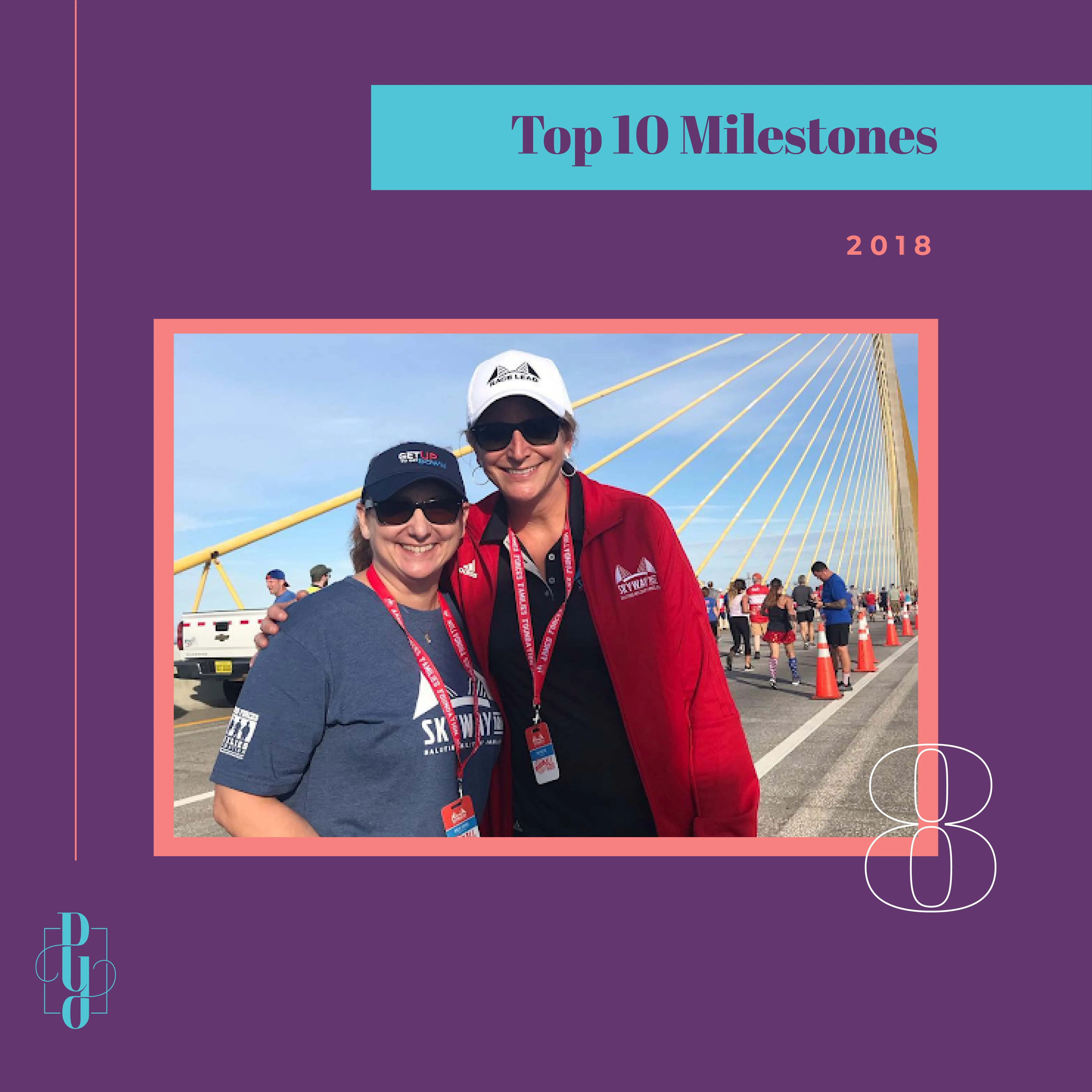 A Pyper branded graphic that says "Top 10 Milestones" with a photo of Kelly and our client on the Sunshine Skyway Bridge during the 2018 race