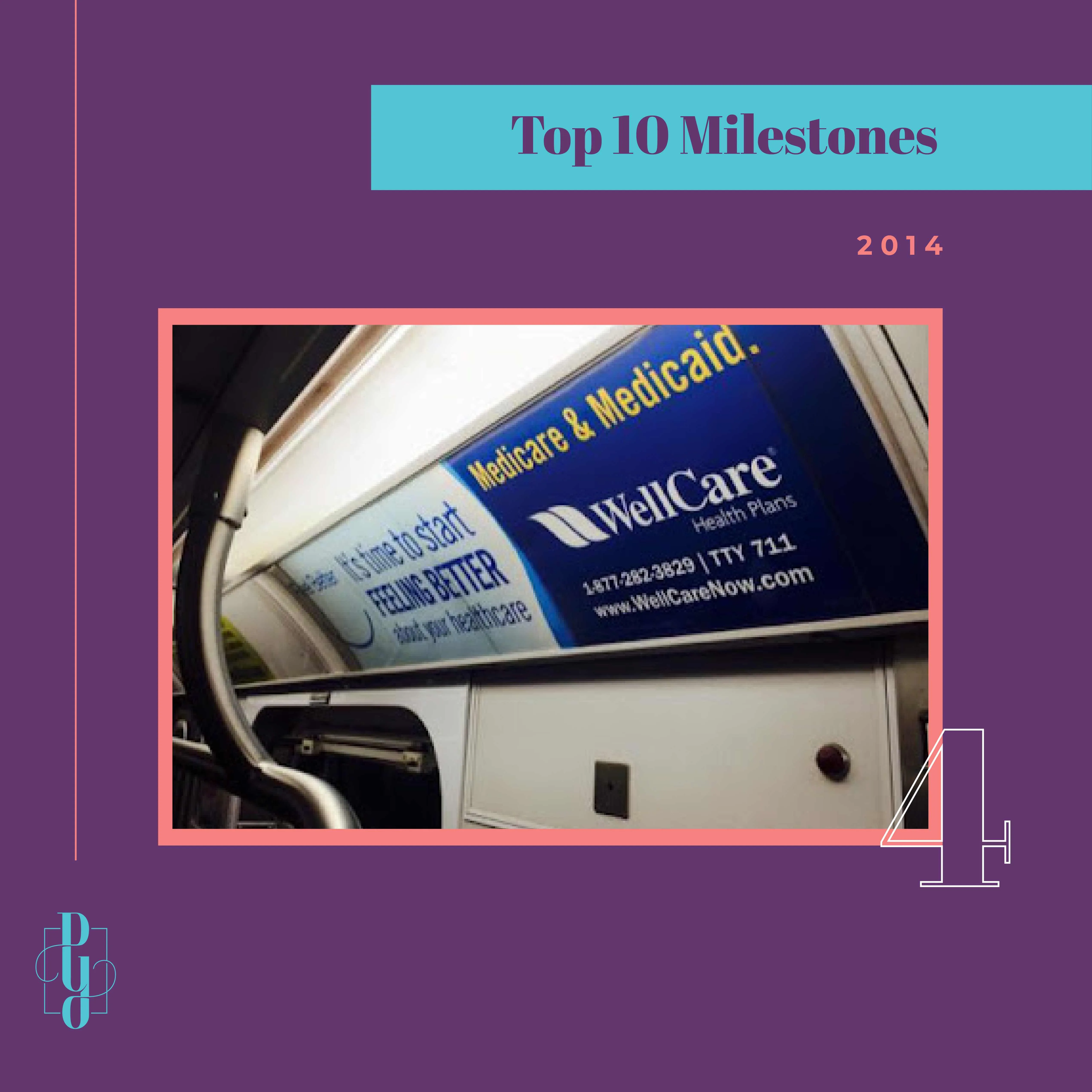 A Pyper branded graphic that says "Top 10 Milestones" with a photo of the WellCare ad in a subway