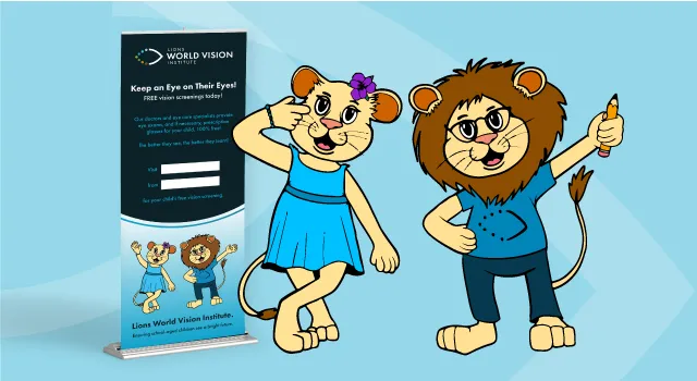 Characters Lens and Iris standing next to a pop up banner