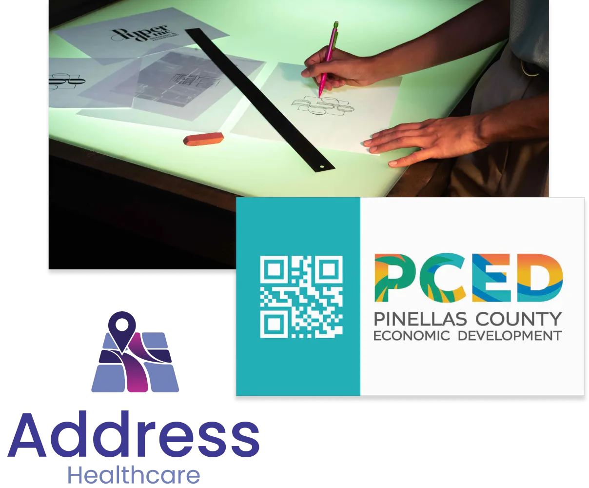 Branding and USP Cluster image of PCED business card, Address Healthcare logo, and a designer using a lightbox to illustrate