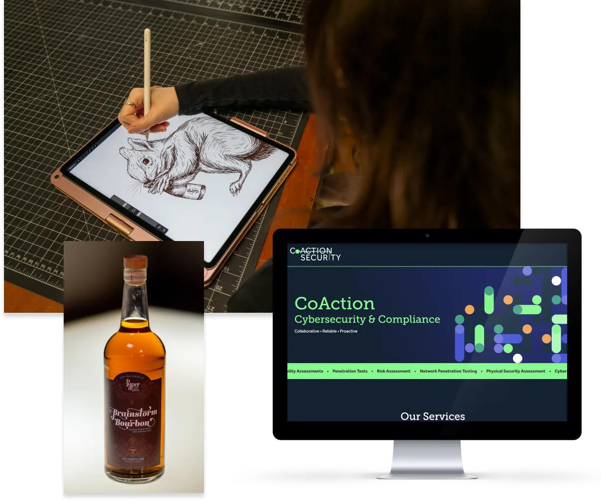 Creative Services cluster image of CoAction Landing page on Desktop computer, Pyper, Inc. Brainstorm Bourbon bottle and creative designer drawing on an iPad