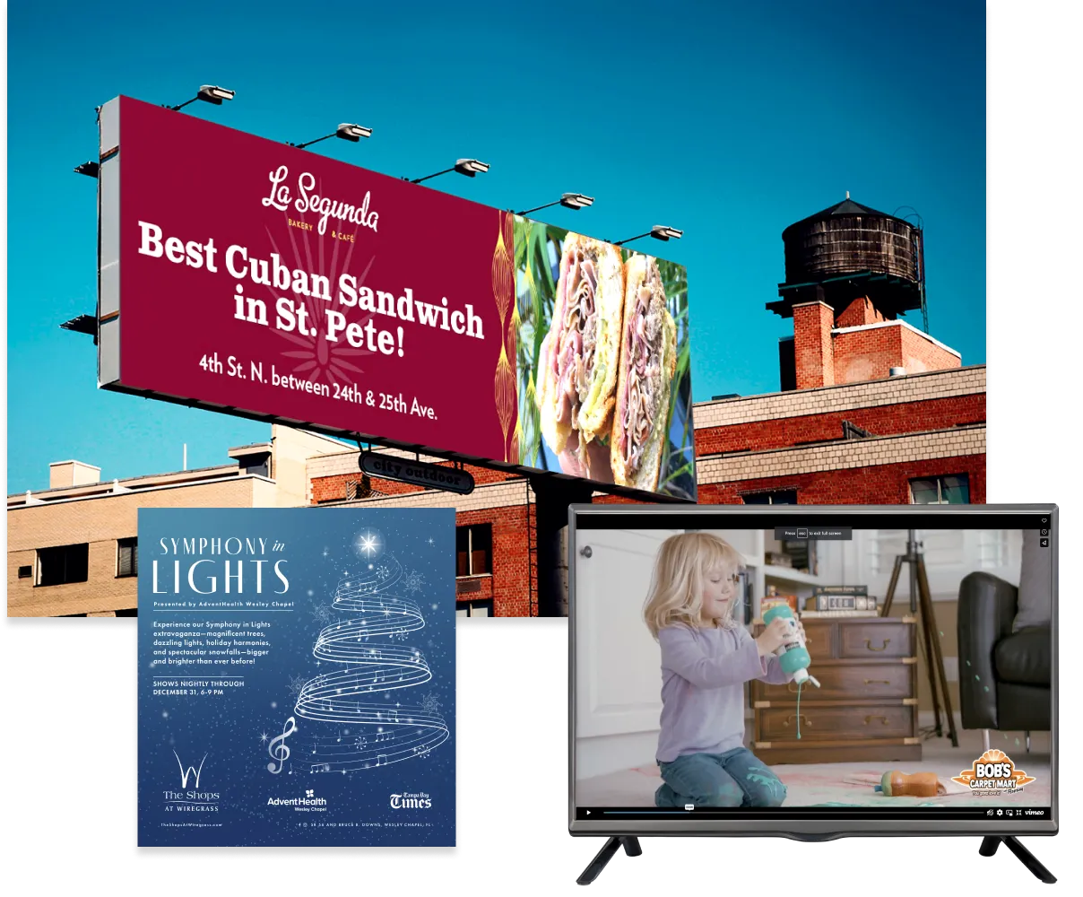 Media Planning & Buying Cluster image of La Segunda billboard mockup, still from a Bob's Carpet Market commercial, and Shops at Wiregrass Symphony in Lights digital ad